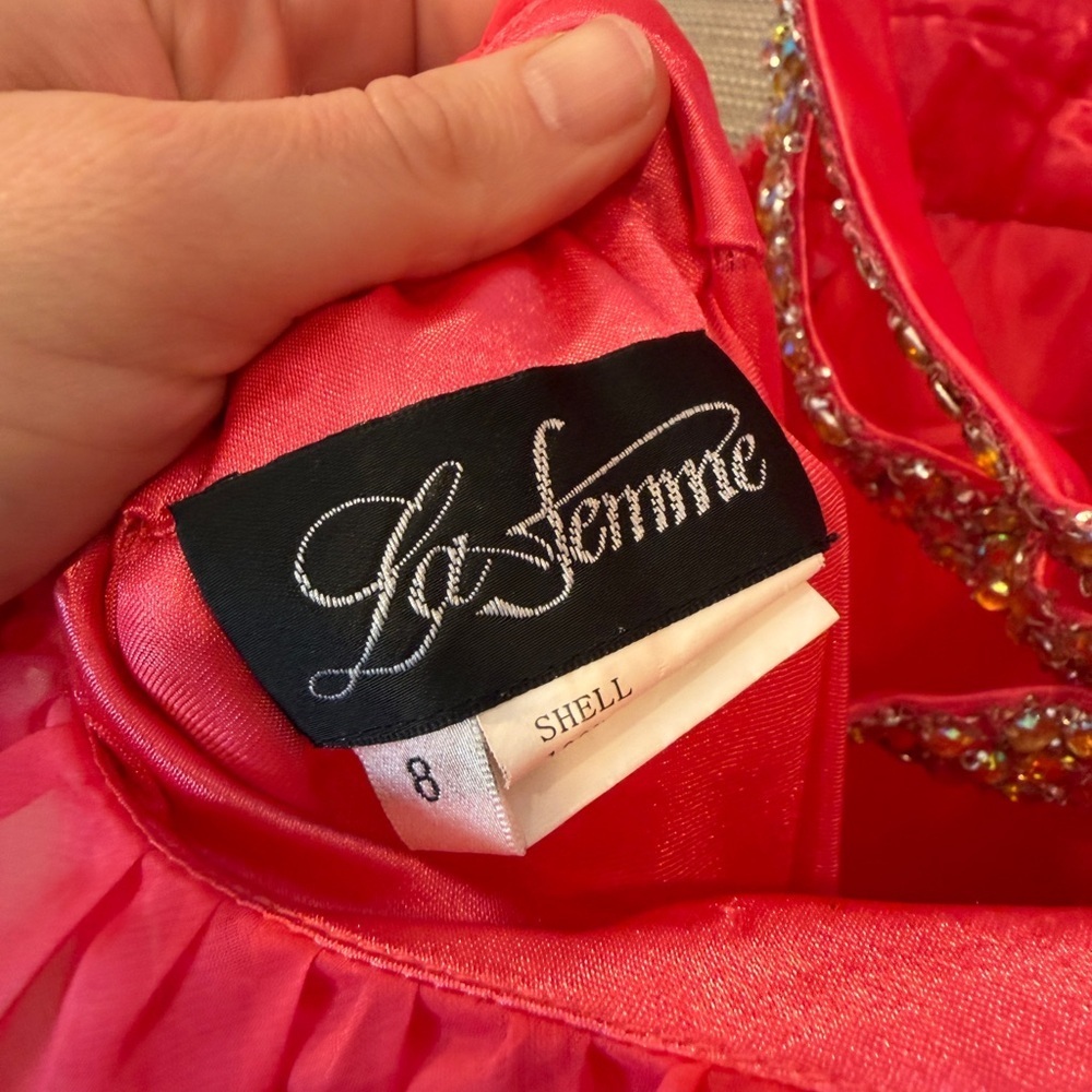 Elegant Coral Pink Backless Rhinestone Evening Gown - Picture 8 of 13